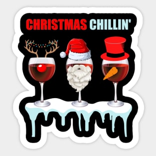 Christmas Chillin', Chilling, Santa, Frosty The Snowman, Rudolf The Red Nose Reindeer, Wine, Wine Lover, Snow, Ice, Winter, Wine Glass Sticker